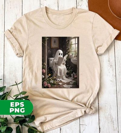 Cute Ghost, Happy Halloween, Funny Boo, Boo Reading In The Toilet, Bookworm Gift, Digital Files, Png Sublimation