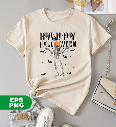 Happy Halloween, Funny Skeleton, Pumpkin Head, Black Bats, Digital Files, Png Sublimation