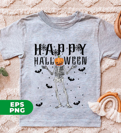 Happy Halloween, Funny Skeleton, Pumpkin Head, Black Bats, Digital Files, Png Sublimation