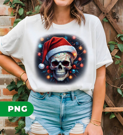 Cool Skull Wear A Red Santa Hat, Christmas Light, Merry Christmas, Digital Files, Png Sublimation