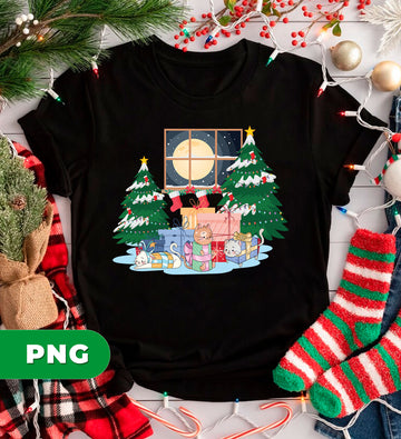 Christmas Cats In Gift Boxes PNG, Cute Kitten Holiday Scene With Tree, Moon And Presents, Cozy Winter Cat Lover Art, PNG For Shirts, PNG Sublimation