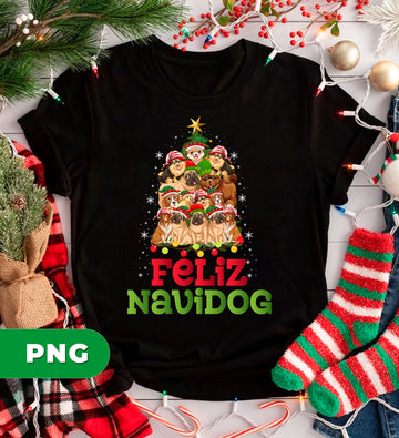 Feliz Navidog Funny Christmas Tree Made Of Cute Dogs In Santa Hats, Perfect Holiday Pet Design For Dog Lovers