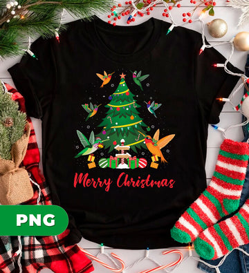 Cute Hummingbirds Decorating A Christmas Tree With Ornaments And Gifts, Festive Holiday Design, PNG For Shirts, PNG Sublimation