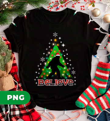 Funny Bigfoot Believe Christmas Tree Lights Design With Santa Hat And Snowflakes, PNG For Shirts, PNG Sublimation