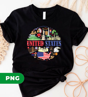 United States PNG with Iconic American Landmarks and Symbols, Patriotic USA Map Design for 4th of July, PNG For Shirts, PNG Sublimation