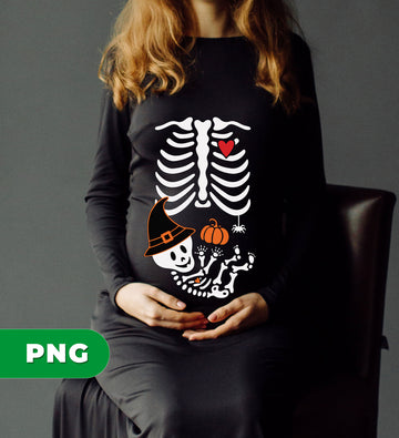 Halloween Pregnancy Skeleton PNG, Baby Skeleton Clipart, Maternity Shirt Design, Witch Baby PNG, Cute Pregnant Mom Halloween Sublimation