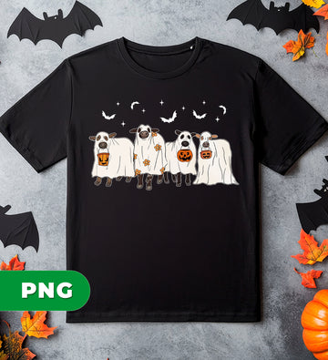 Cute Halloween Cow PNG, Cow Ghost Costume Clipart, Pumpkin Trick Or Treat, Spooky Farm Animal, Fall Sublimation Design