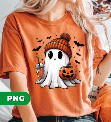 Cute Ghost Halloween PNG, Kawaii Spooky Ghost With Pumpkin And Drink, Autumn Beanie, Fall Halloween Clipart Sublimation