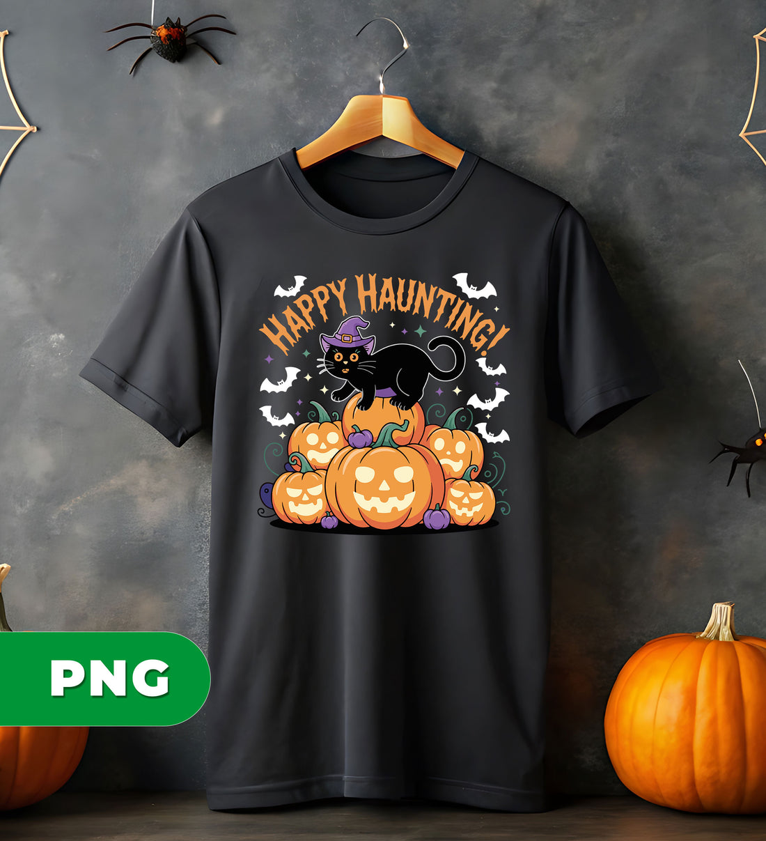 Halloween Black Cat PNG, Cute Witch Cat Clipart, Pumpkin Cat Sublimation, Spooky Kitty Shirt Design, Happy Haunting Cat Art