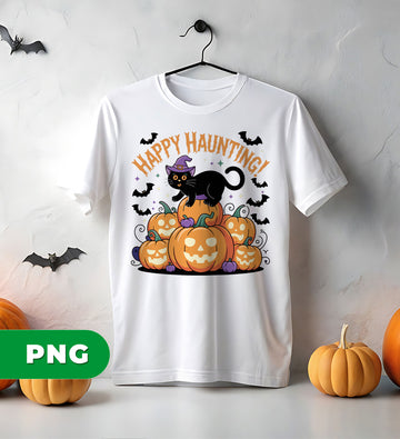 Halloween Black Cat PNG, Cute Witch Cat Clipart, Pumpkin Cat Sublimation, Spooky Kitty Shirt Design, Happy Haunting Cat Art