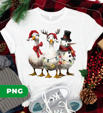 Christmas Goose And Snowman PNG, Funny Holiday Farm Animal Clipart, Xmas Goose With Lights PNG, Festive Winter Sublimation Design