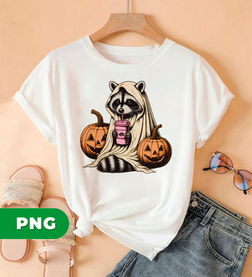 Cute Raccoon Ghost PNG, Halloween Raccoon With Pumpkin Clipart, Spooky Coffee Lover PNG, Fall Animal Costume PNG