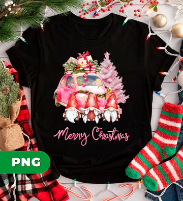 Pink Christmas Car PNG, Gnome Merry Christmas Sublimation Design, Xmas Tree and Gifts Clipart, Cute Holiday Winter, Merry Christmas