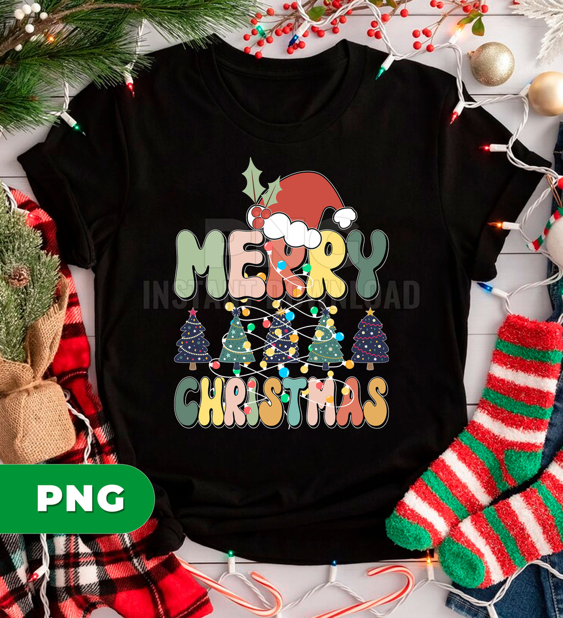 Merry Christmas PNG, Cute Christmas Trees Lights Clipart, Retro Xmas Hat PNG, Holiday Quote Design, Festive Season Sublimation PNG