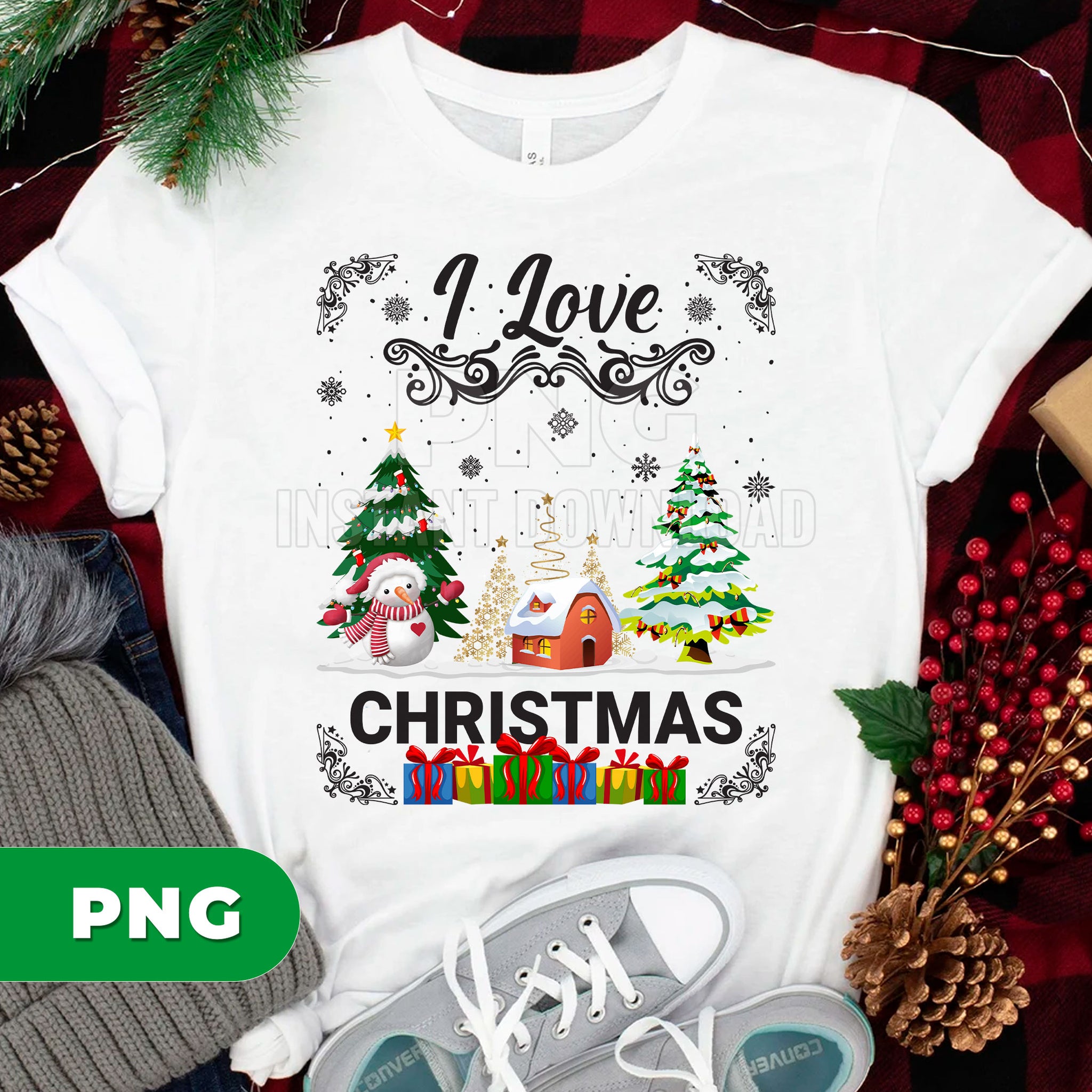 I Love Christmas PNG, Cute Snowman Christmas Tree Clipart, Winter Holiday Scene PNG, Xmas House Lights, Festive Gift Design