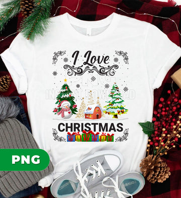 I Love Christmas PNG, Cute Snowman Christmas Tree Clipart, Winter Holiday Scene PNG, Xmas House Lights, Festive Gift Design