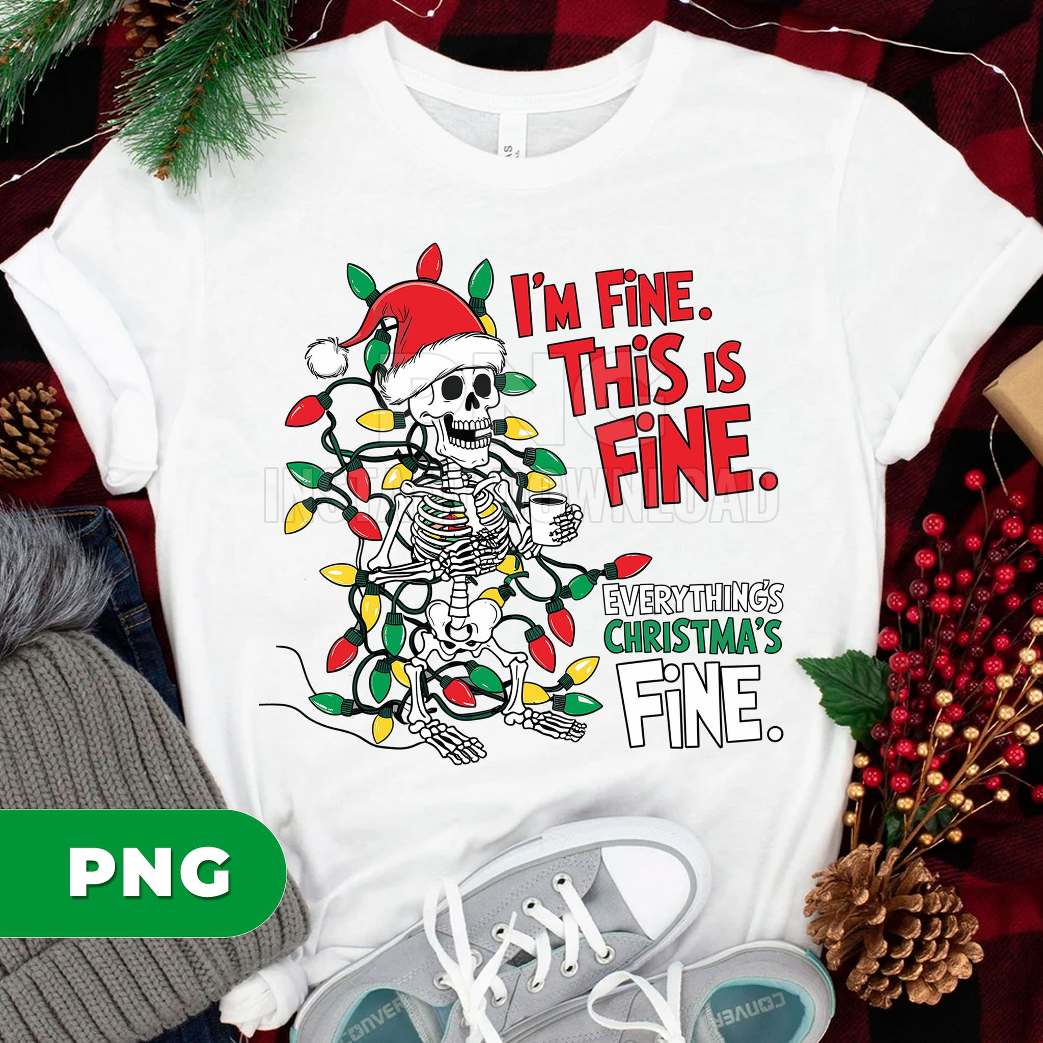 Christmas Skeleton PNG, Funny Skeleton Christmas Lights Clipart, I'm Fine This Is Fine PNG, Santa Hat Skull, Holiday Humor, Merry Christmas