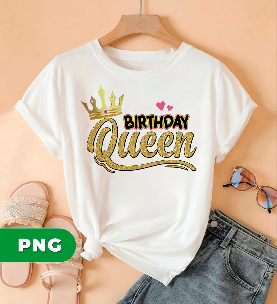 Birthday Queen Gold Glitter Crown Pink Hearts Royal Princess Celebration Woman Png File