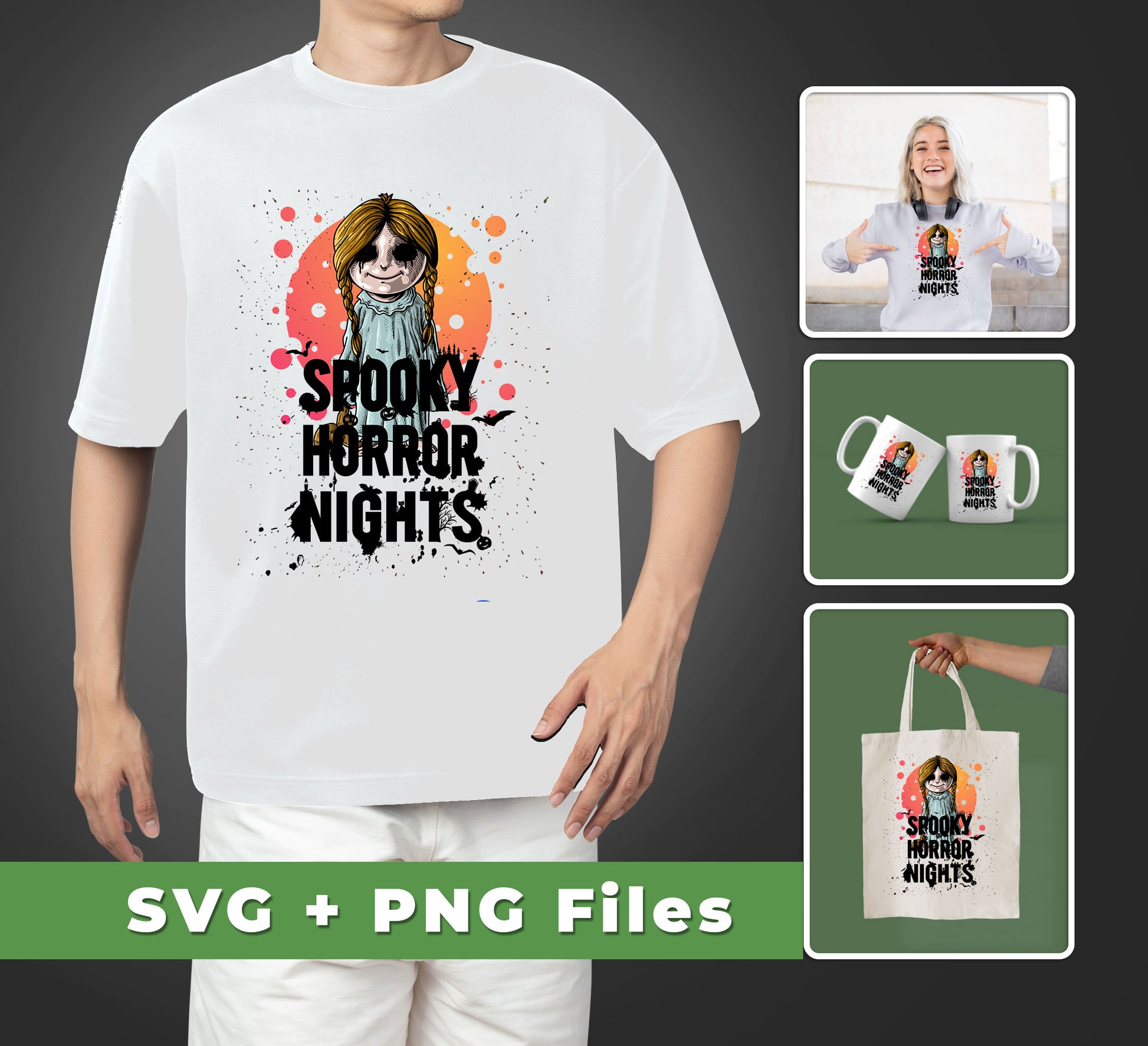 Bring a spooky vibe to your Halloween decor with this pack of SVG and PNG files featuring a spooky Halloween Nights doll. Perfect for all sublimation projects, it includes five Png files and five Svg files for crafting a truly unique Halloween experience.