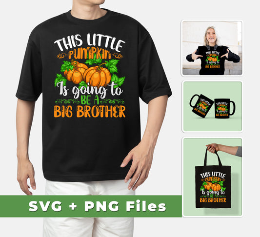 This digital file set, featuring a pumpkin with the phrase "This little pumpkin is going to be a big brother," is perfect for Halloween projects. The set includes both scalable vector and raster graphics files, making them perfect for various printing applications. Add a spooky touch to any project with this cute design.