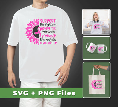 This set of sublimation files helps you show your support for those fighting cancer. Included are SVG and PNG files featuring the phrase "Support The Fighters Admire The Survivors Remember The Angels Never Give Up". Use these files to easily create your own custom support gear to help those fighting the battle.