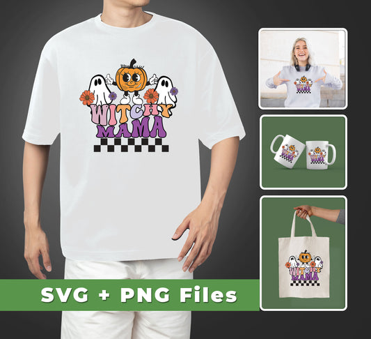 Get ready for Halloween with our Witchy Mama, Pumpkin and Boos svg and png sublimation files! With these high-quality, spooky images you can make a variety of Halloween decorations.