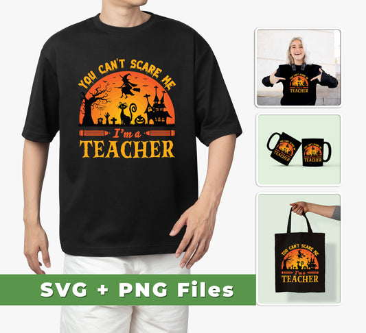 This set of SVG and PNG sublimation files contains three distinct designs: "You Can't Scare Me, I'm A Teacher," "Witch," and "Horror Cat." Enjoy worry-free use in commercial applications, with ready-to-use graphics in high-quality formats.