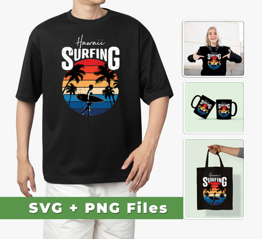 This digital set of Hawaii Surfing, Retro Beach, Surfing Beach Vintage Svg and Png files is perfect for making t-shirts, mugs, and other custom items. The included Svg and Png files make it easy to customize and resize for any project.