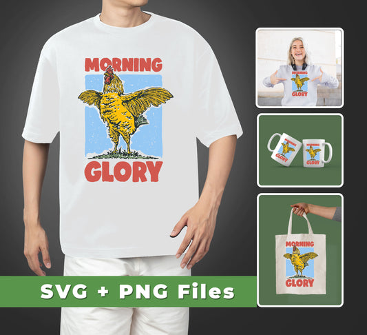 This is a fun and unique SVGs and PNGs bundle. Get Morning Glory, Glory Chicken, and Funny Chicken in SVG and PNG sublimation formats. Perfect for crafting and hobby projects, this bundle offers a combination of graphic elements for all sorts of creative ideas.