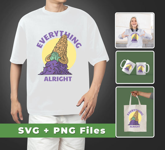 "Everything Is Alright" cartoon smiling spilled ice cream SVG and PNG sublimation images are a perfect addition to any project. Get vibrant and detailed color with this high-quality vector-based image that can be used for print, cut, and web projects. Download and use to