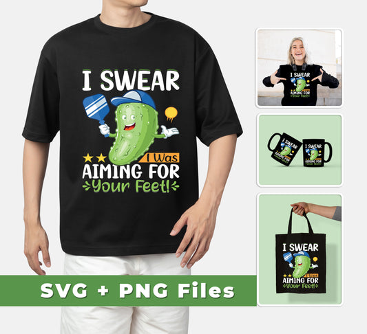 This digital file set includes a high-resolution SVG file and PNG files for sublimation, all featuring the design "I Swear I Was Aiming For Your Feet, Cucumber Lover". Perfect for cutting shirts, mugs, bags, and more! Make your next project stand out with this high-quality file set.