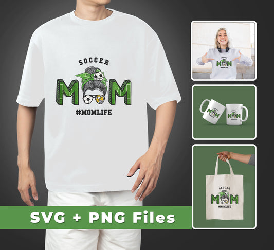 This premium design bundle is perfect for any soccer mom, featuring "Mom Life", "Messy Buns", and "Messy Mom" designs in both SVG and PNG formats for sublimation. Get the perfect look for any occasion.