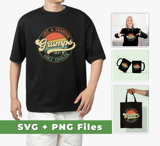 Make a statement with the Like A Grandpa Grumps Only Cooler, Cool Grandpa SVG Files and PNG Sublimation bundle. Perfect for any project that needs to showcase your favorite grandpa, these files are sure to make a lasting impression.