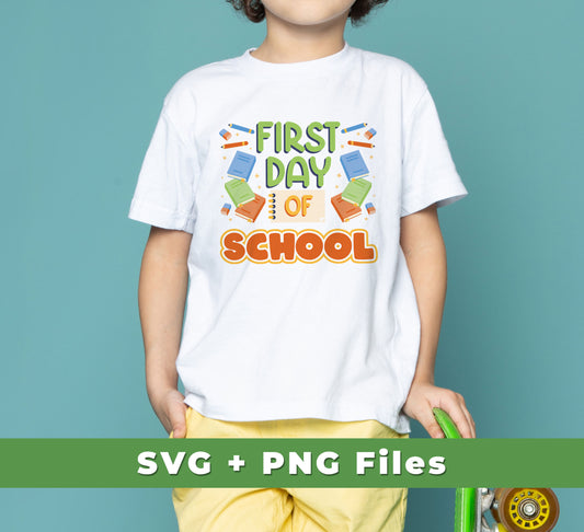 Welcome back to school with this set of 5 high-quality digital files in both SVG and PNG format. Get ready to start the school year off right with this school-themed set, complete with the words 'First Day Of School', 'Love My School', and 'Back To School'. Perfect for any project.