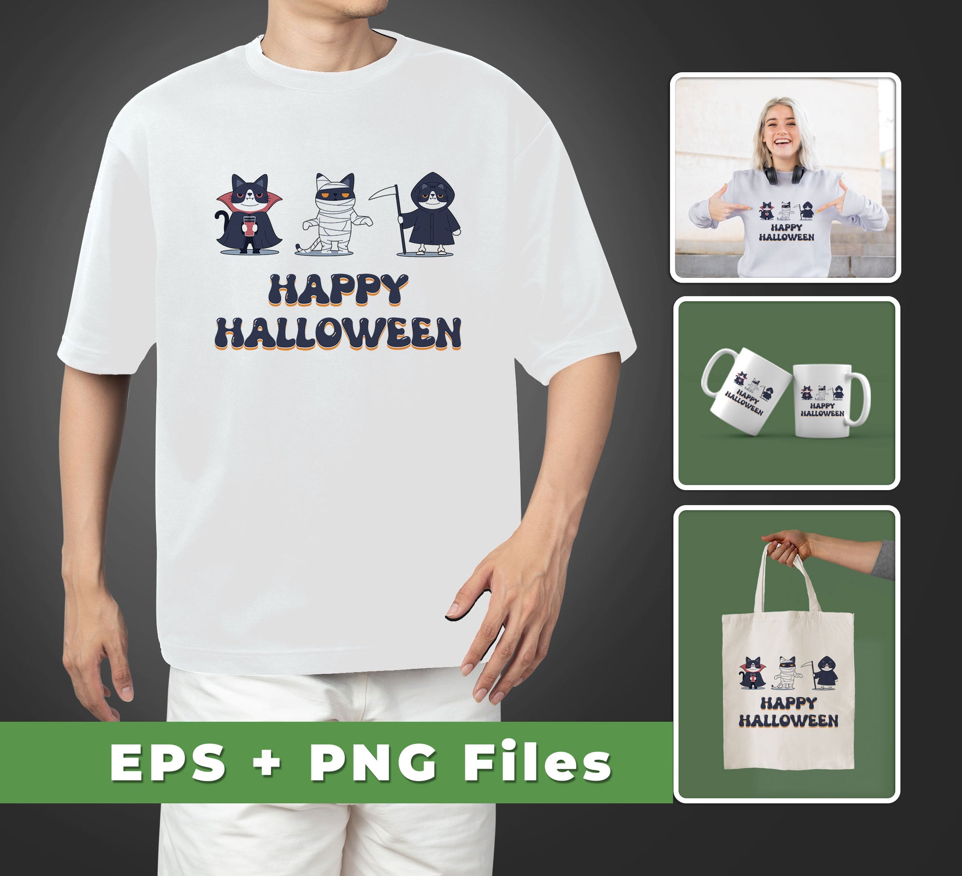 Download these five digital images to create spooky Halloween decorations. Each file contains a unique cat design, including "Happy Halloween," "Spooky Cat," and "Cat In The Hells," in SVG and PNG formats. Perfect for sublimation printing projects.