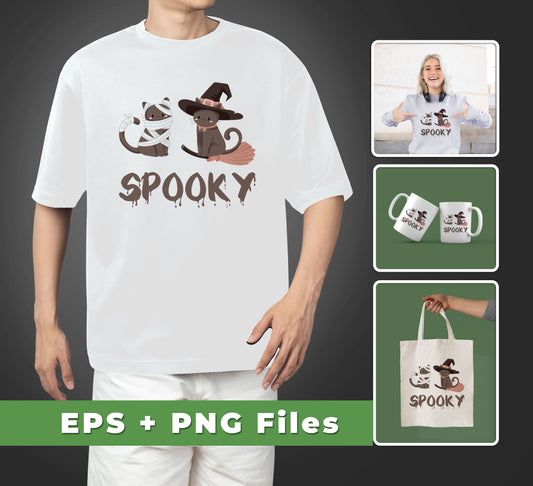 Get ready to spook your customers with this SVG and PNG set featuring a spooky cat, a horror cat, and a cat flying a broom. Perfect for Halloween designs, these files will add a touch of the supernatural to your projects.