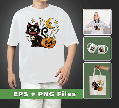 This set includes 5 high-quality vector graphic files featuring a creepy cat, a spooky pumpkin, a ghostly ghoul, and more perfect for your Halloween projects. Files come in both Svg and Png format for easy sublimation printing. Add some fright to your projects with this spooky set!