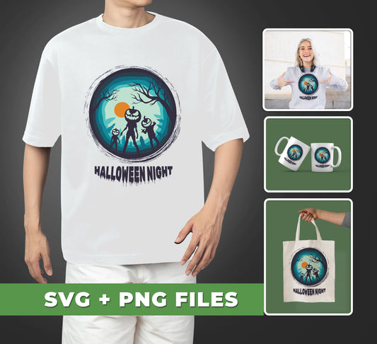 "Halloween Night, Pumpkinman, Horror Halloween" SVG/PNG files offer high-quality designs for sublimation. They are perfect for parties, decorations, and apparel. Download and enjoy the perfect Halloween prints!