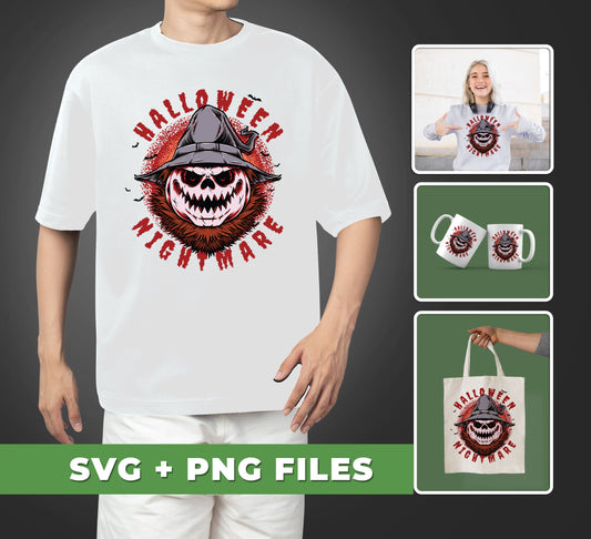 This Halloween Nightmare, Pumpkin Skull, Wearing Witch Hat SVG and PNG sublimation pack is perfect for creating spooky decorations for your holiday parties. The SVG and PNG files are of the highest quality and can be used with almost any sublimation machine. Get creative and make some unique designs this Halloween!