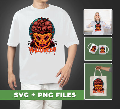 Spook out your Halloween decorations with this dread Halloween pumpkin head with full of skull SVG file and PNG Sublimation. Easily add this design to your decorations and transform any space into a spooky, haunted location.