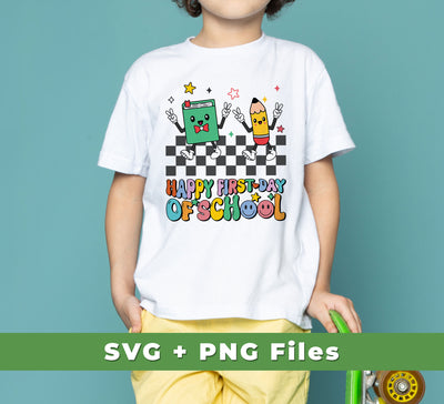 This bundle includes everything you need for a memorable First Day of School. The design features a cheerful book and pencil design, SVG files and PNG sublimation for easy printing. Perfect for creating a variety of products.