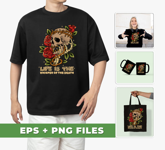 This special digital graphic design comes with multiple file formats, including SVG and PNG formats. The design features a life-like skull with intricate roses cascading down, making it suitable for projects such as t-shirts, mugs, and more. Download and enjoy!