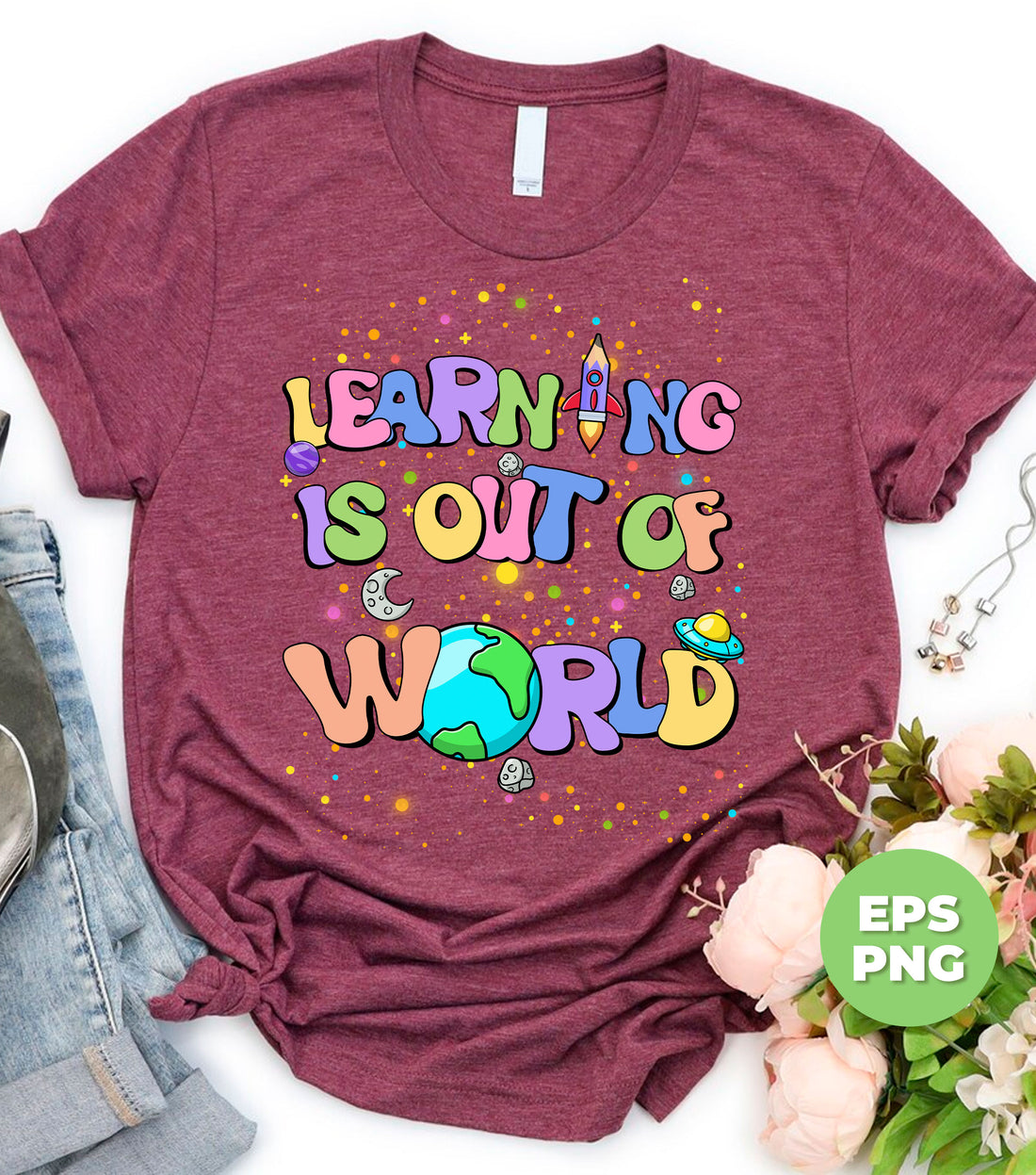 This educational product features a vibrant design with colorful text, stars, and a moon to ignite your child's imagination. With digital files and PNG sublimation, learning is truly out of this world. Experience a fun and engaging way to educate your child with this unique offering.