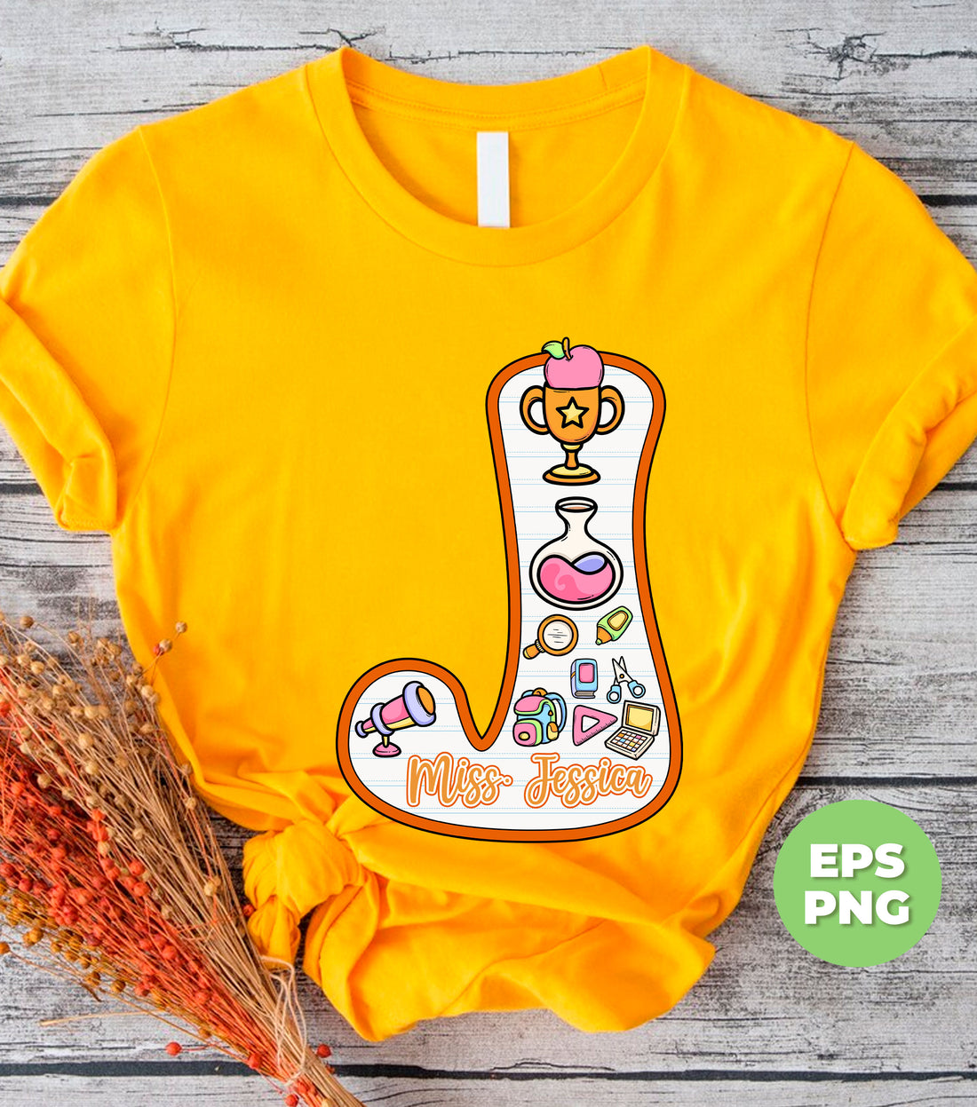 This personalized teacher product features custom name option with the letter "J", making it a unique and special gift for any teacher. Perfect for back-to-school season, this digital file comes in high-quality PNG format, ensuring a smooth and easy sublimation process. Show your appreciation for educators with this thoughtful and customizable product.
