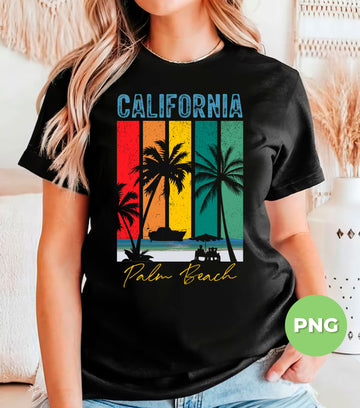 California Palm Beach PNG, Retro Sunset Palm Tree Clipart, California Beach, Summer Vacation