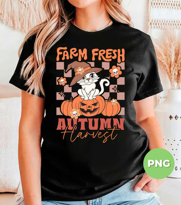 Farm Fresh Autumn Harvest Cat PNG, Witch Hat Cat On Pumpkin Fall Sublimation Design, Cute Spooky Autumn Decor Art