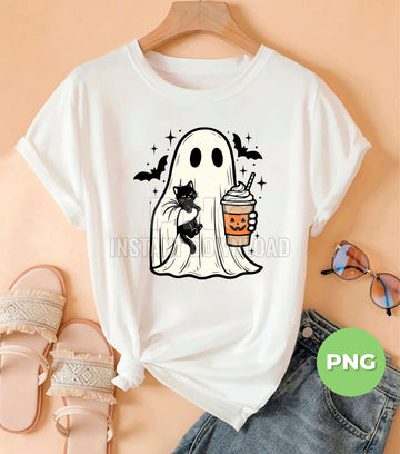Cute Ghost Holding Cat Halloween Coffee, Pumpkin Cup Boo Ghost, Spooky Bat Stars Clipart, Fall Halloween Cute Ghost PNG