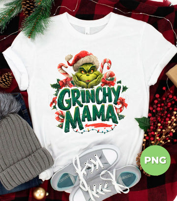 Grinchy Mama PNG, Funny Christmas Mom Sublimation Design, Green Grinch Face Clipart, Holiday Candy Cane Lights Graphic, Xmas Digital Download