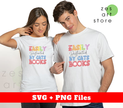 Easily Distracted By Cats Books, Cat Love Books, Svg Files, Png Sublimation