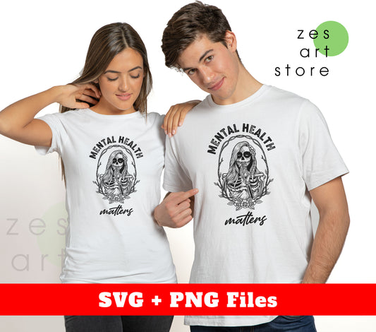Increase awareness and support for mental health with these digital files featuring a woman skeleton. Perfect for sublimation, these png files will encourage conversation and understanding around this important topic. Mental health matters, and this product empowers you to spread the message with impactful visuals.